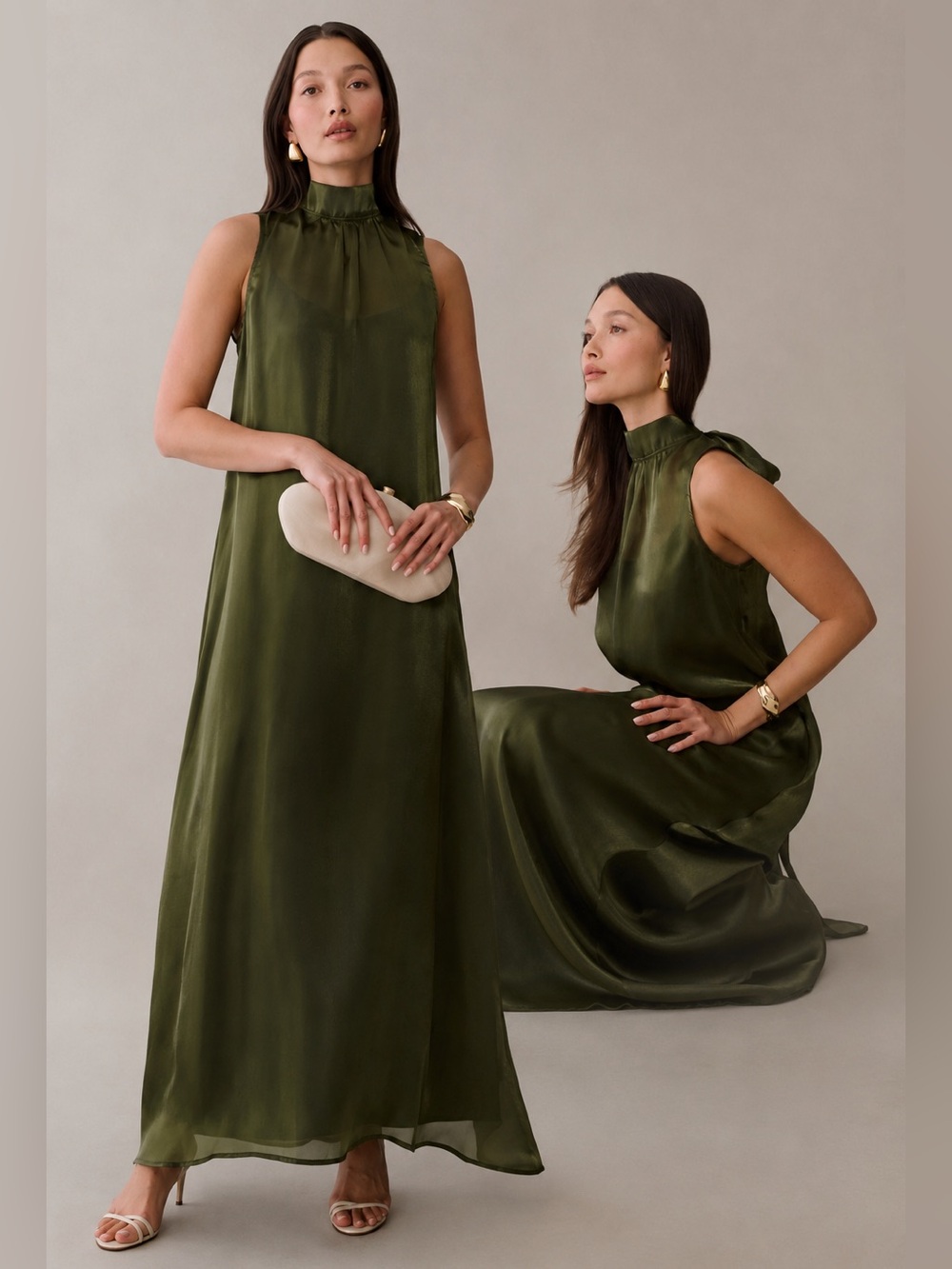 NWT CAARA Alette Olive Luminous Sheen Few Moda Maxi Dress Large